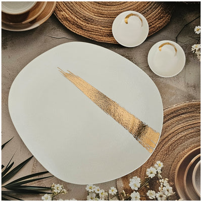 Ceramic - 13.25 Inch - Oblong Platter with 2 Dip Bowls - Ivory Gold Paint Brush