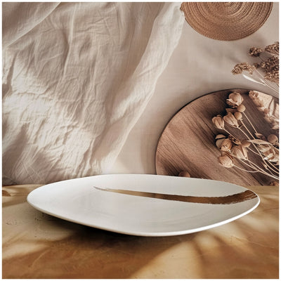 Ceramic - 13.25 Inch - Oblong Platter with 2 Dip Bowls - Ivory Gold Paint Brush