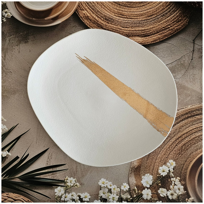 Ceramic - 13.25 Inch - Oblong Platter with 2 Dip Bowls - Ivory Gold Paint Brush