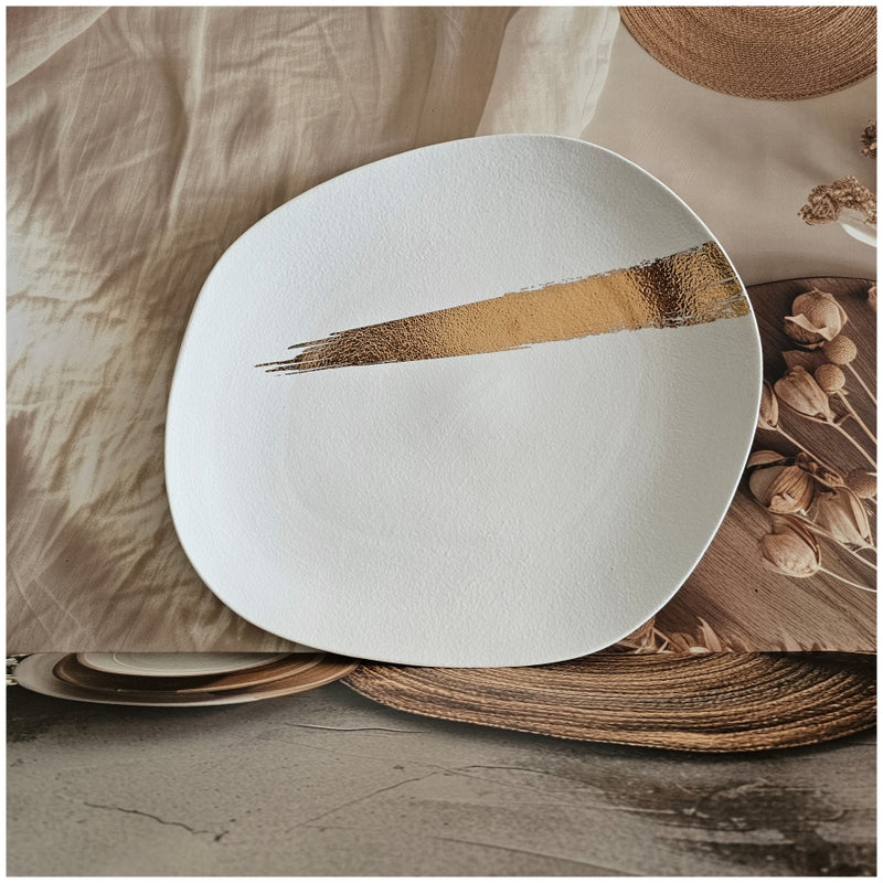 Ceramic - 13.25 Inch - Oblong Platter with 2 Dip Bowls - Ivory Gold Paint Brush