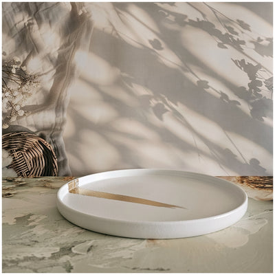 Ceramic - 12.25 Inch - Round Platter with 2 Dip Bowls - Ivory Gold Paint Brush