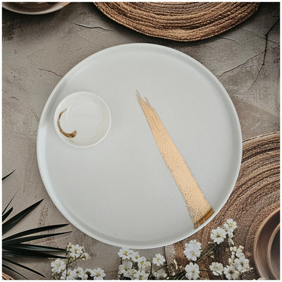 Ceramic - 12.25 Inch - Round Platter with 2 Dip Bowls - Ivory Gold Paint Brush