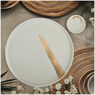 Ceramic - 12.25 Inch - Round Platter with 2 Dip Bowls - Ivory Gold Paint Brush