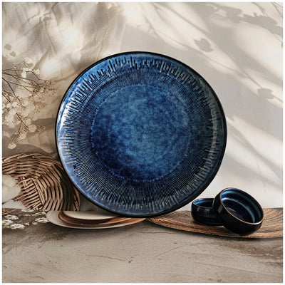 Ceramic - 11.75 Inch - Round Platter with 2 Dip Bowls - Deep Blue Shibori