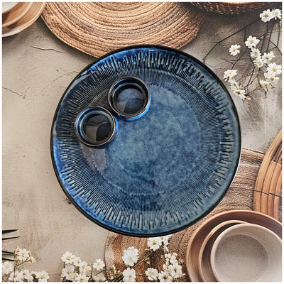 Ceramic - 11.75 Inch - Round Platter with 2 Dip Bowls - Deep Blue Shibori