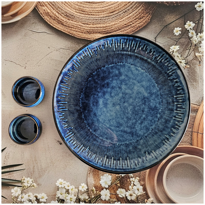 Ceramic - 11.75 Inch - Round Platter with 2 Dip Bowls - Deep Blue Shibori