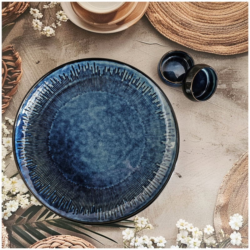 Ceramic - 11.75 Inch - Round Platter with 2 Dip Bowls - Deep Blue Shibori