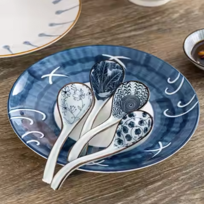 Ceramic - Soup Spoons - Set of 4 - Floral Blue