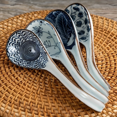 Ceramic - Soup Spoons - Set of 4 - Vintage Blues