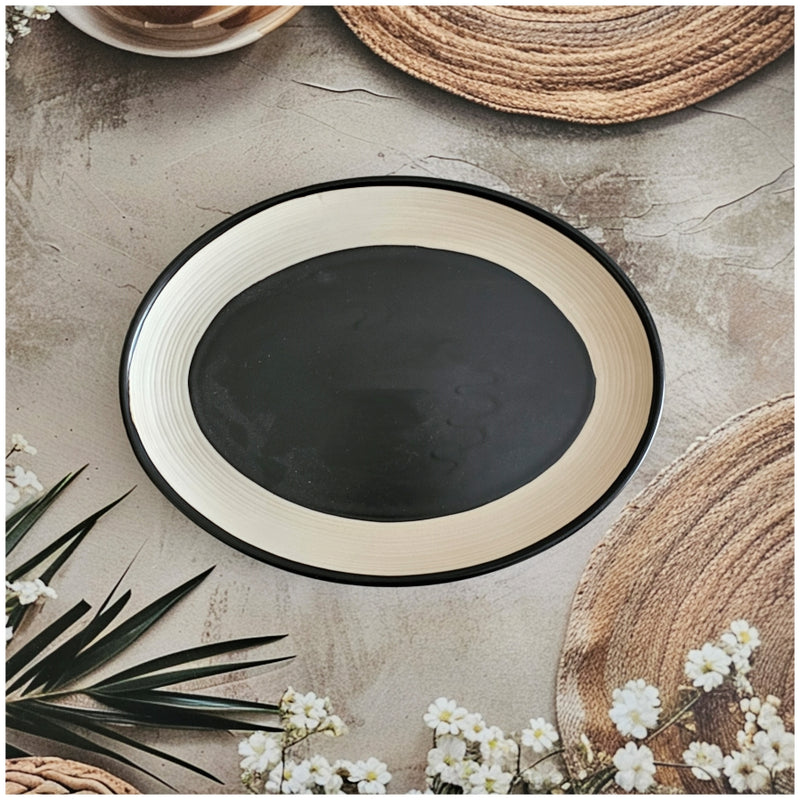 Ceramic - 11 Inch - Oval Platter Plate - Ribbed - Ebony with Beige Rim