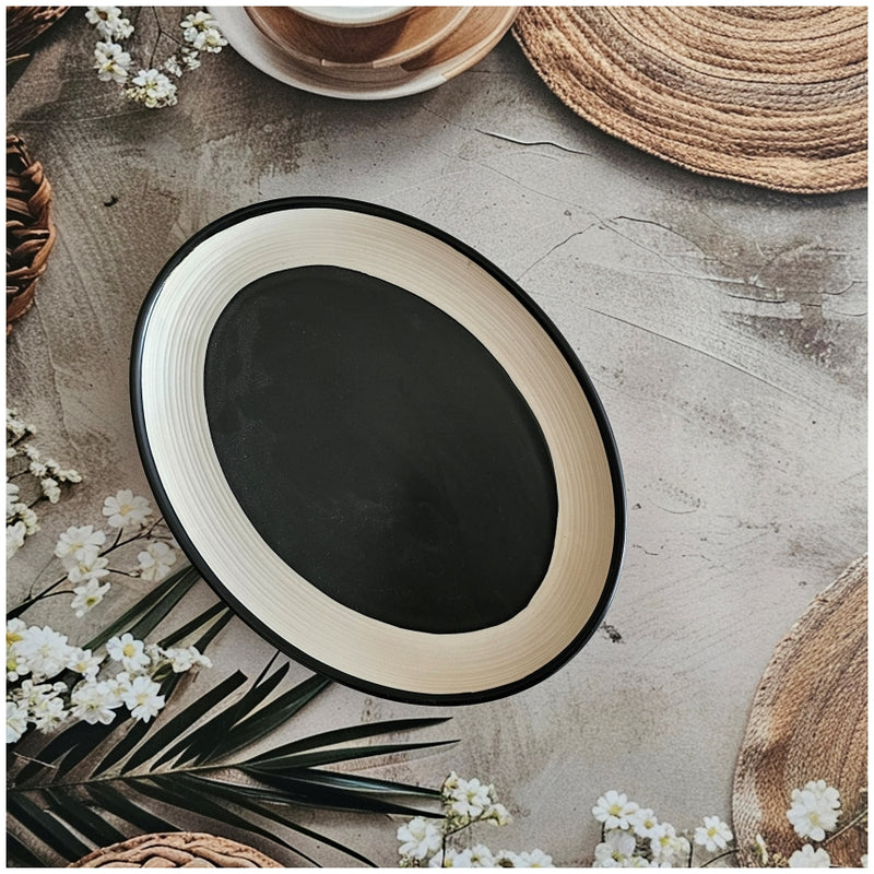 Ceramic - 11 Inch - Oval Platter Plate - Ribbed - Ebony with Beige Rim