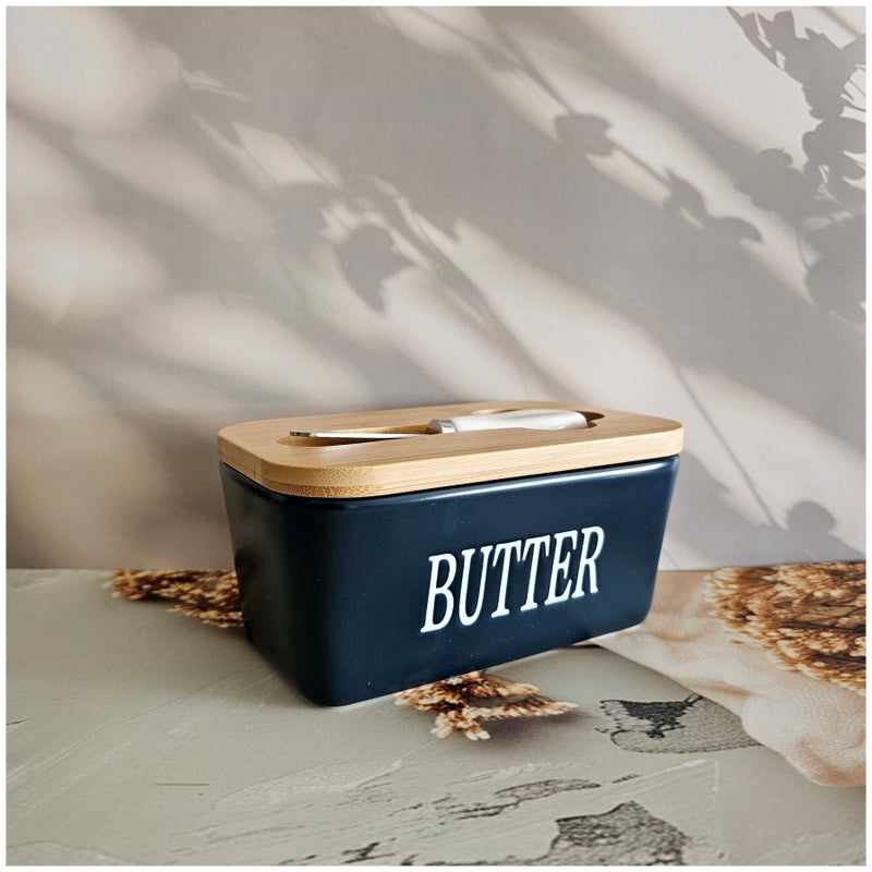 Ceramic - Container - Butter Dish with Bamboo Lid & Knife - Double Silicone Seal - Navy Blue