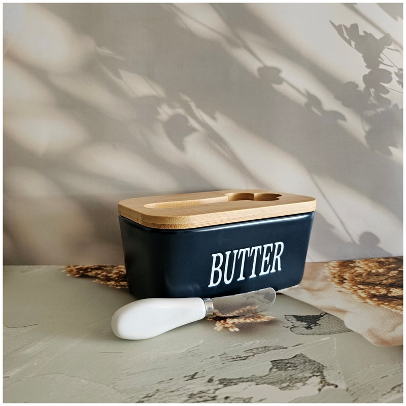 Ceramic - Container - Butter Dish with Bamboo Lid & Knife - Double Silicone Seal - Navy Blue