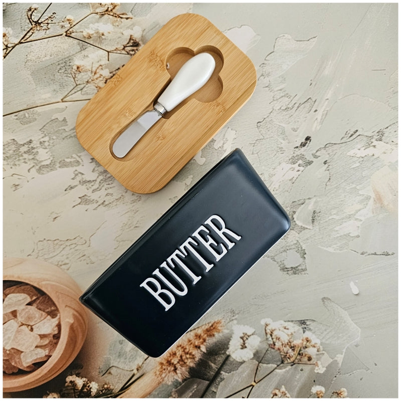 Ceramic - Container - Butter Dish with Bamboo Lid & Knife - Double Silicone Seal - Navy Blue