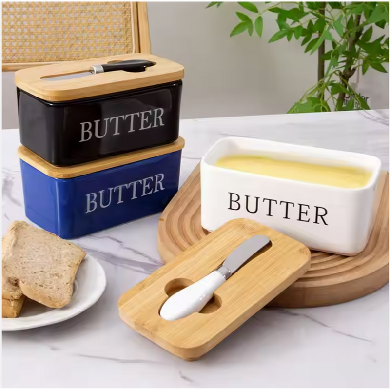 Ceramic - Container - Butter Dish with Bamboo Lid & Knife - Double Silicone Seal - Black