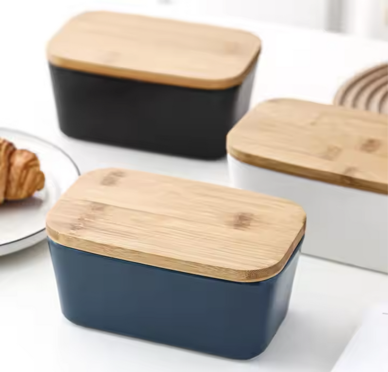 Ceramic - Container - Butter Dish with Bamboo Lid & Knife - Double Silicone Seal - Black