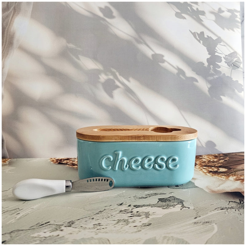 Ceramic - Container - Cheese Dish with Bamboo Lid & Knife - Double Silicone Seal - Green