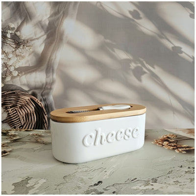 Ceramic - Container - Cheese Dish with Bamboo Lid & Knife - Double Silicone Seal - White