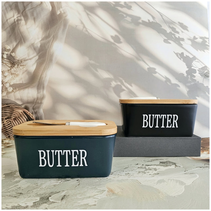 Ceramic - Container - Butter Dish with Bamboo Lid & Knife - Double Silicone Seal - Navy Blue