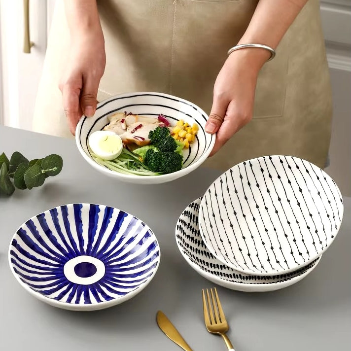 Ceramic - Nordic 7.5 Inch - Round Deep Plate - Pasta, Fruit, Salad Plate - Set of 4