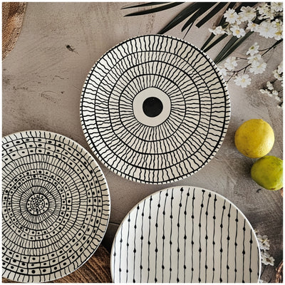 Ceramic - Nordic 8 Inch - Flat Plate - Pasta, Fruit, Salad Plate - Set of 3 - Black (Zebra, Raindrop, Black Eye)