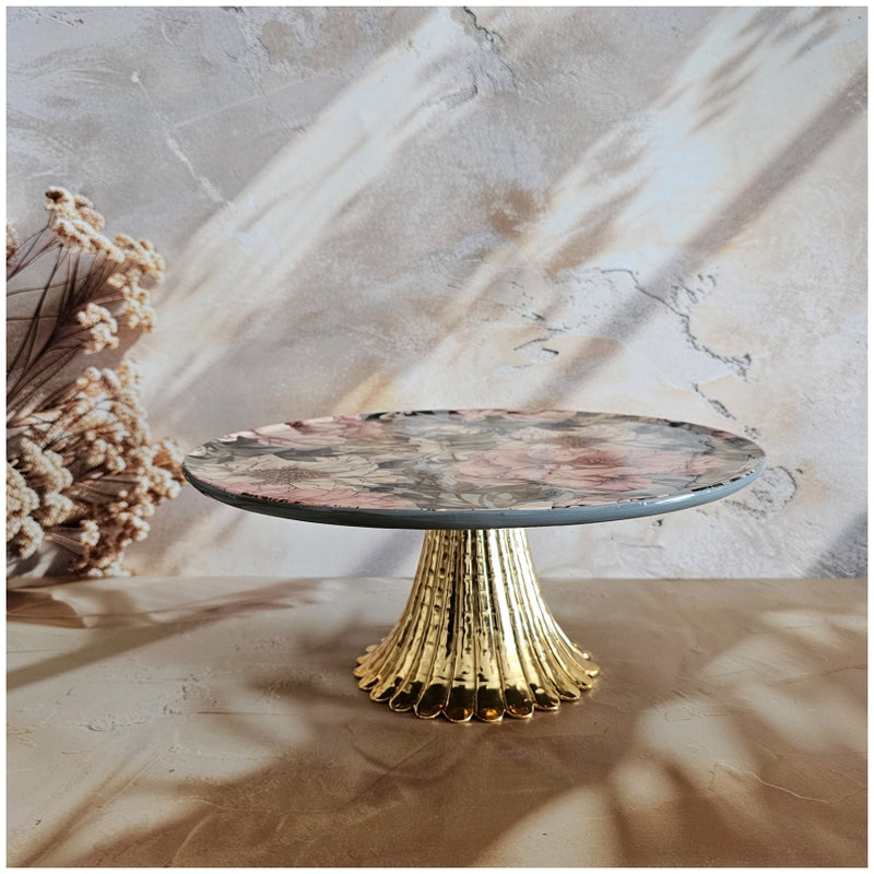 Cake Stand (Flat) with Metal Stand Gold (Medium) - Tuscany