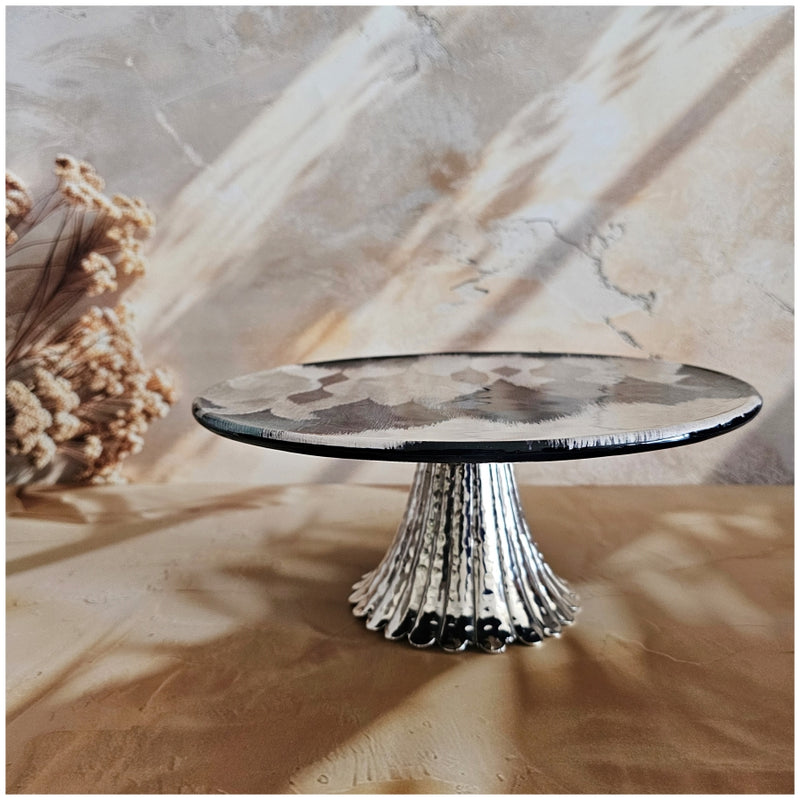 Cake Stand (Flat) with Metal Stand Silver (Medium) - Frosty Ikat