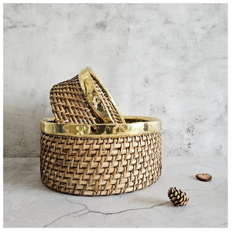 Cane Baskets/Trays - Brass Rim - Round - Set of 2