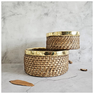 Cane Baskets/Trays - Brass Rim - Round - Set of 2