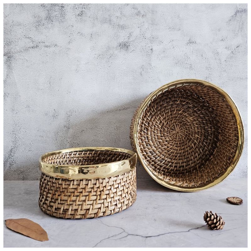 Cane Baskets/Trays - Brass Rim - Round - Set of 2