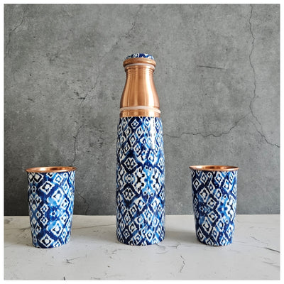 COPPER BOTTLE SET WITH 2 GLASSES, IKAT SHIBORI