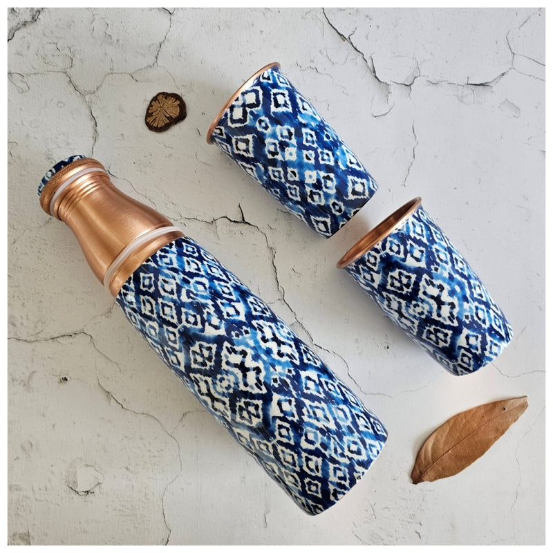 COPPER BOTTLE SET WITH 2 GLASSES, IKAT SHIBORI