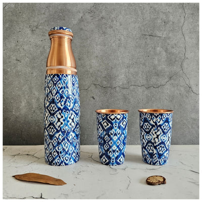 COPPER BOTTLE SET WITH 2 GLASSES, IKAT SHIBORI