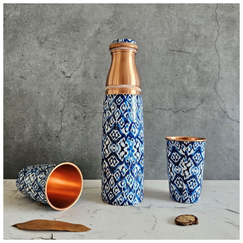 COPPER BOTTLE SET WITH 2 GLASSES, IKAT SHIBORI