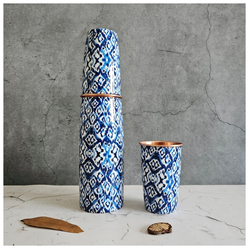 COPPER BOTTLE SET WITH 2 GLASSES, IKAT SHIBORI