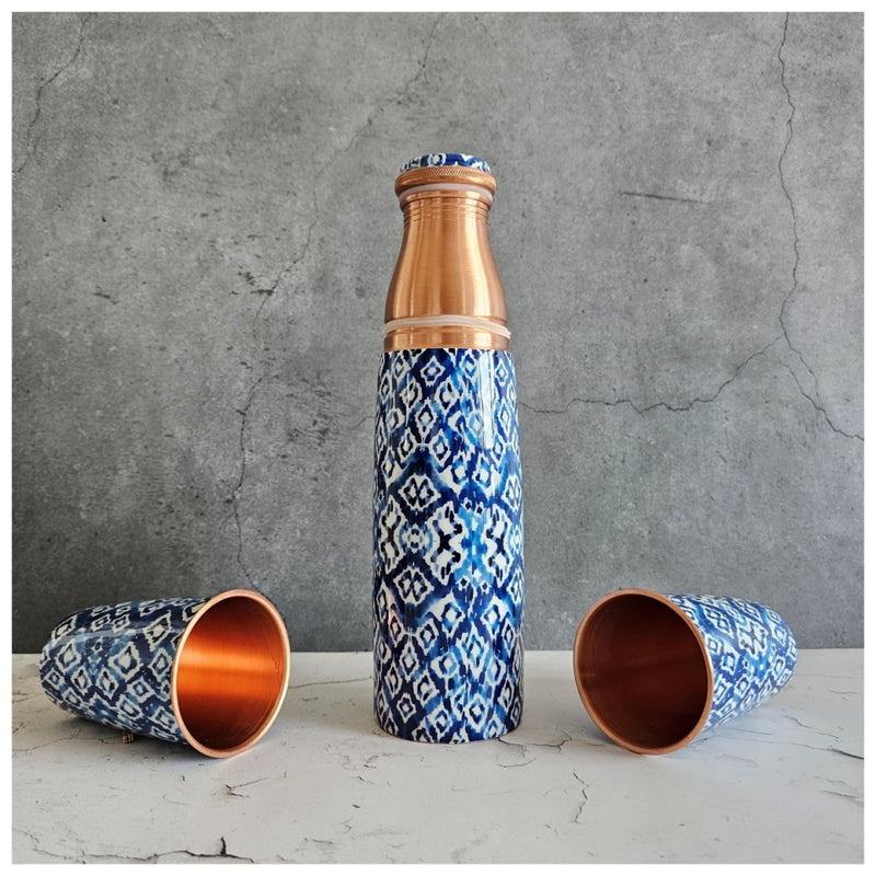 COPPER BOTTLE SET WITH 2 GLASSES, IKAT SHIBORI