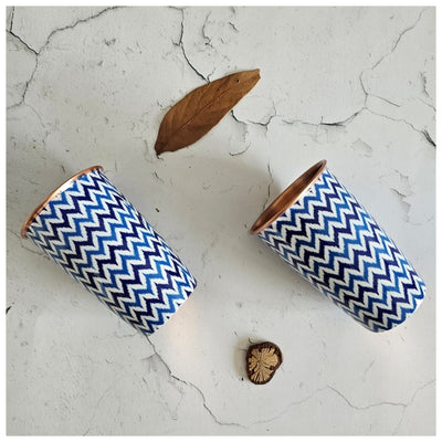 COPPER BOTTLE SET WITH 2 GLASSES, CHEVRON WHITE & BLUE