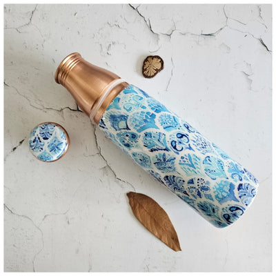 COPPER BOTTLE SET WITH 2 GLASSES, IKAT AFRICAN SKY