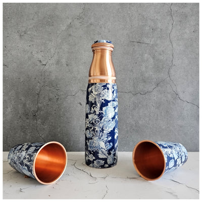 COPPER BOTTLE SET WITH 2 GLASSES, ARGENTINE BLUE