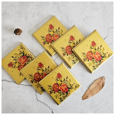 Coasters - Wooden - Square - Set Of 6 - Golden Rose