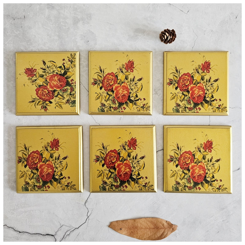 Coasters - Wooden - Square - Set Of 6 - Golden Rose