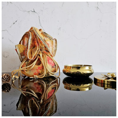 Diya with Lotus Lid - Gold with Gift Wrap (Orange)