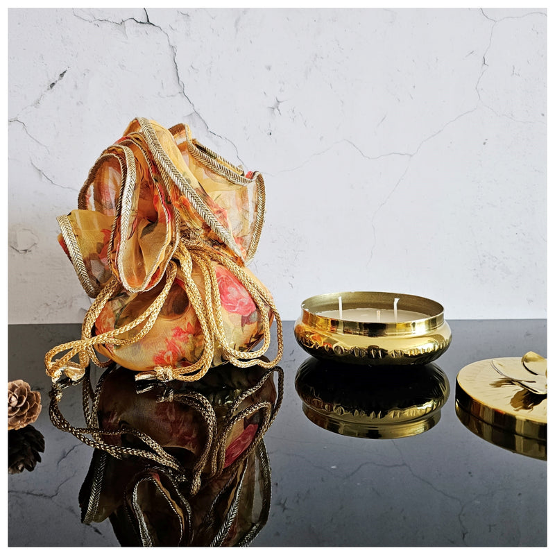 Diya with Lotus Lid - Gold with Gift Wrap (Orange)