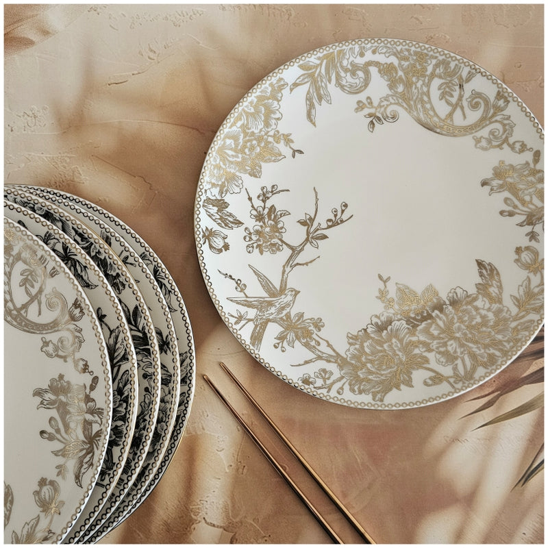 Ceramic - Dinner Plates Flat Set of 6 pieces - Gold Floral