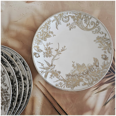 Ceramic - Dinner Plates Flat Set of 6 pieces - Gold Floral