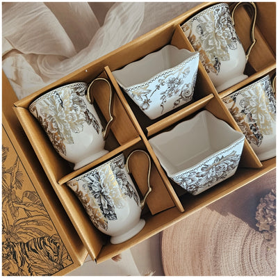 Ceramic - Coffee/Tea Mugs Herringbone (4 Mugs & 2 Bowls) - Gold