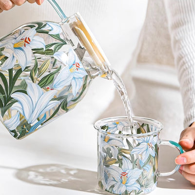 Glass - Tea Pot Kettle Set, Water Pitcher Jug - Floral Printed - Blue Lillies