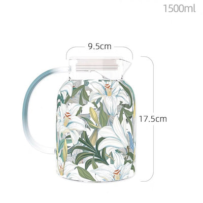 Glass - Tea Pot Kettle Set, Water Pitcher Jug - Floral Printed - Blue Lillies