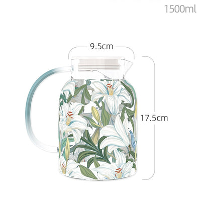 Glass - Tea Pot Kettle Set, Water Pitcher Jug - Floral Printed - Blue Lillies