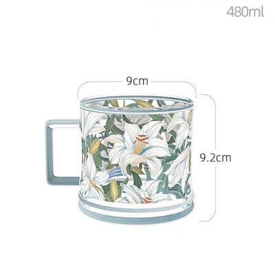 Glass - Tea Coffee Water Mug Double Ring, Set of 2 - Floral Printed - Blue Lily